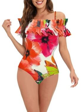 NWT size M Floral Off-Shoulder Ruffle One-Piece Swimsuit - Bright Multicolor